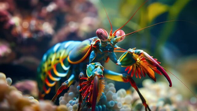 Vibrant closeup of a mantis shrimp showcasing intricate details and vivid colors in an underwater environment with coral and other marine life.
