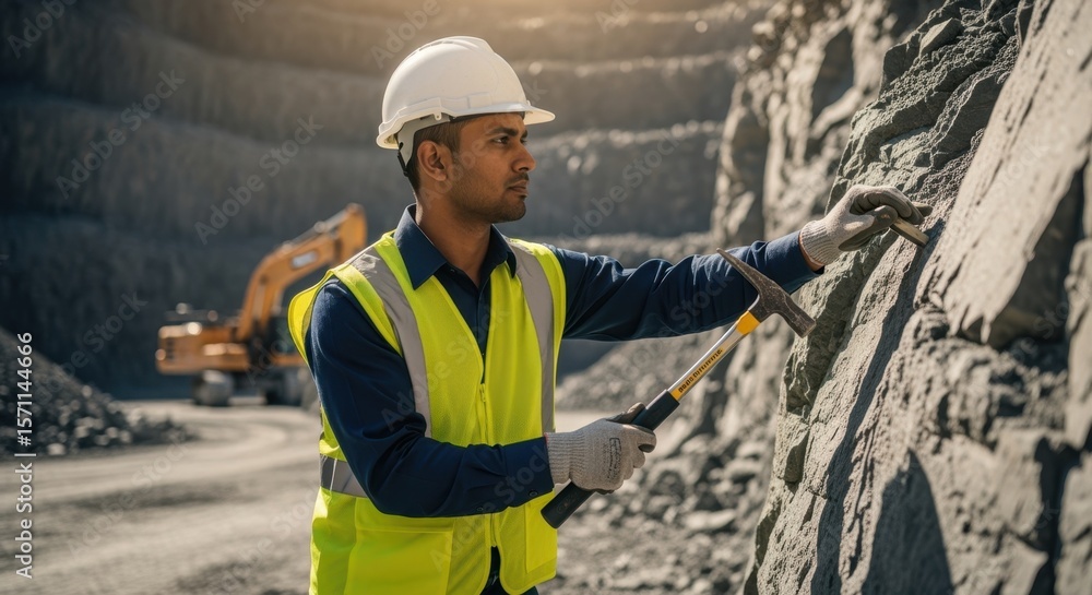 Poster geologist wearing safety vest and helmet using hammer and chisel to examine rock face in open pit mi