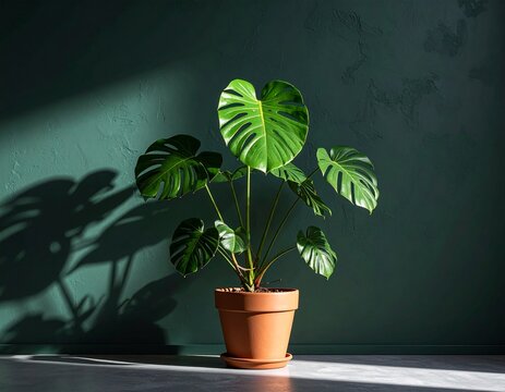 "Stylized indoor plant photography of Monstera adansonii, dramatic side lighting creating artistic shadow play on textured wall, rich and moody green hues, terracotta pot for contrast, high detail lea