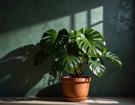 "Stylized indoor plant photography of Monstera adansonii, dramatic side lighting creating artistic shadow play on textured wall, rich and moody green hues, terracotta pot for contrast, high detail lea