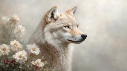 Naklejka premium A serene portrait of a wolf amidst soft floral elements, ideal for nature-themed projects, wildlife conservation campaigns, or artistic representations, This image evokes tranquility and beauty,