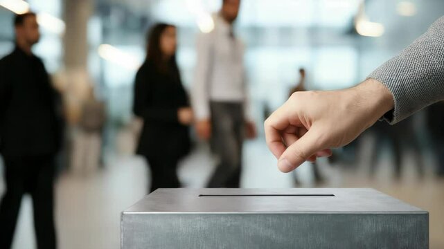 Hand Casting Vote Ballot Into Box in Busy Public Space
