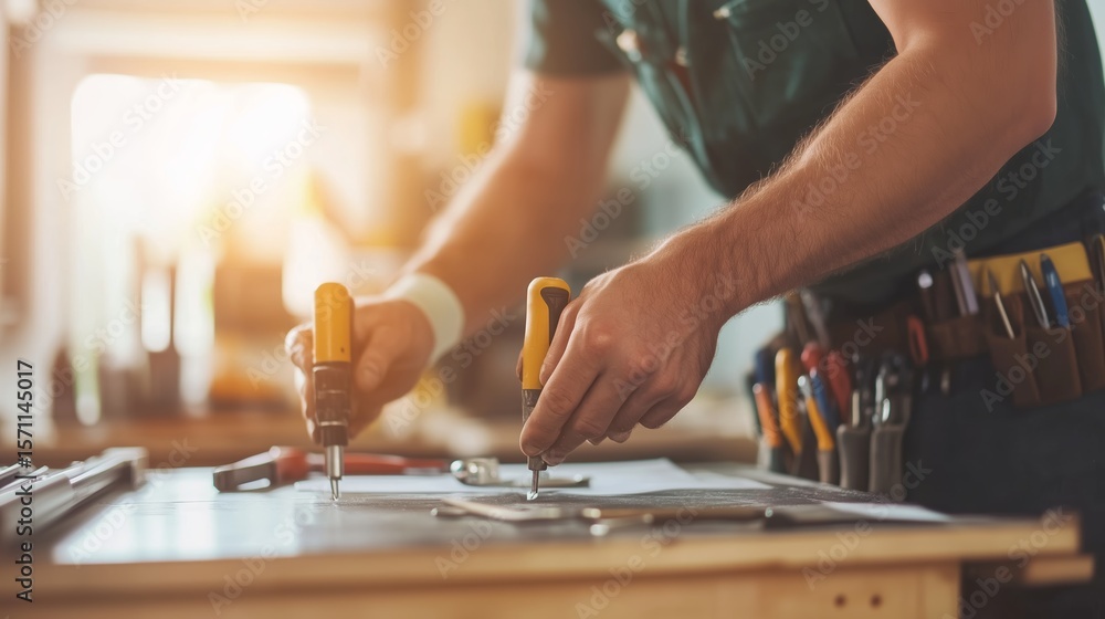 Poster craftsman working diligently in a workshop using clamps and tools to create precise measurements for