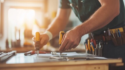 Craftsman working diligently in a workshop using clamps and tools to create precise measurements for a woodworking project