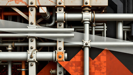 Industrial Network of Pipes: A close-up shot reveals an intricate network of metal pipes, joints, and bolts in an industrial setting. This image portrays raw metallic power and structure.