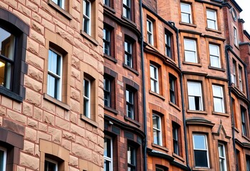 Close-up of traditional Glasgow tenement buildings, sandstone facades, close-set windows,  residential,  homes