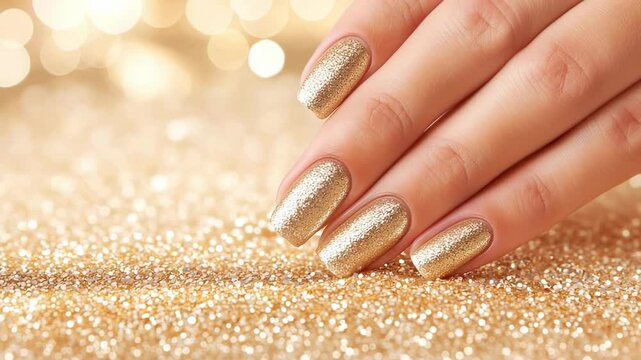 Woman hand with golden glittering manicure on gold background