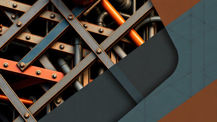Industrial Grid: A close-up view of an intricate industrial grid composed of interconnected pipes and metal beams, forming a complex and visually striking abstract pattern.