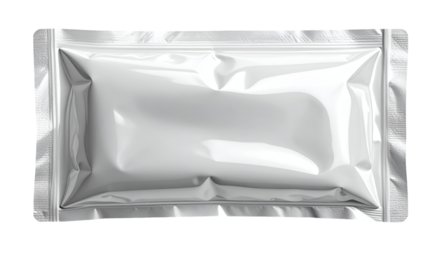 sterilization heat sealed pouch with soft wrinkle texture, silver foil vacuum pack packaging mockup, on isolated background
