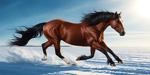 Majestic horse walking on the beach during golden sunset
