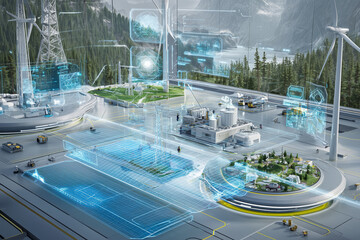 A futuristic smart grid control center displaying real-time data from a diverse energy mix