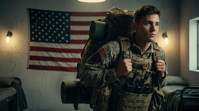 determined young soldier in camouflage uniform stands with a heavy backpack in a military barracks ready for duty.