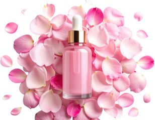  “Elegant Pink Serum Bottle with Scattered Rose Petals on Light Background, isolated on transparent background PNG