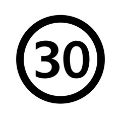 Obraz premium Speed limit sign shows thirty kilometers per hour speed limit. This black and white speed limit sign enforces safe driving speeds, ensuring drivers adhere to speed regulations.