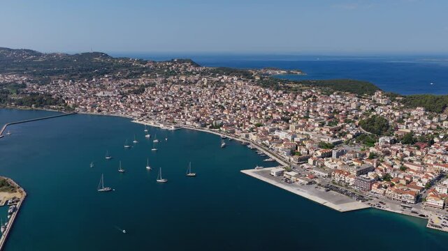 Argostoli city on the island of Kefalonia, Ionian sea, Drone shot, Panoramic view
