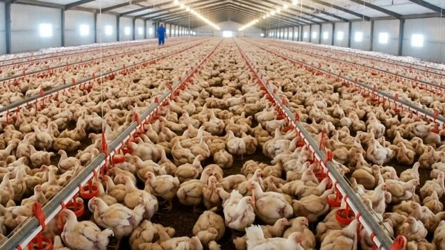showing white broiler chickens in a modern closed farm cage. The image shows an intensive farming environment with regular lighting, good ventilation, and straw flooring. Suitable for ,rows of onions