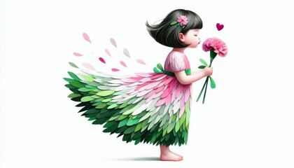 Sweet little girl holding carnation bouquet blowing kiss to mom, tender Mother’s Day greeting card idea for family love, gratitude, celebration and heartfelt gift art