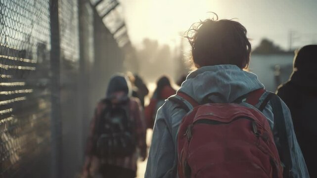 Group of People Walking on a Pathway with Fences and Backpacks in Morning Light