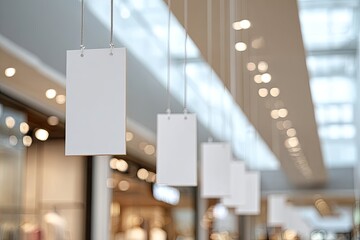 Minimalistic display with blank tags hanging, bright lighting en