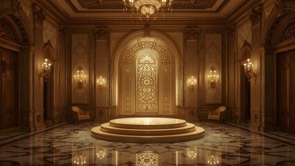 Luxurious opulent ballroom with gilded ornate details and a central stage
