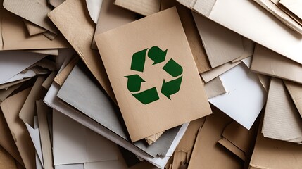 A pile of assorted paper and cardboard materials marked with the universal recycling symbol, set against a neutral background to promote environmental conservation and sustainable.