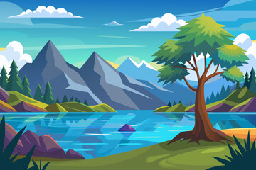 Tropical island landscape with palm trees, a mountain, and the sea under a summer sky