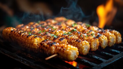 Grilled corn on skewers, smoky aroma