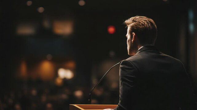 Speaker at Podium Addressing Audience in Auditorium During Evening Event