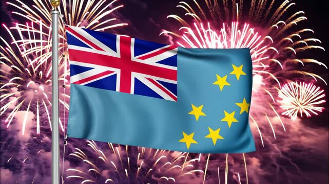 National flag independence state Tuvalu, background fireworks. AI Generative