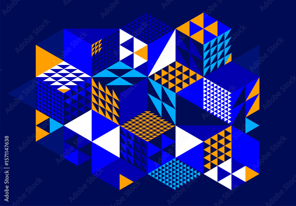 Poster dark blue vector abstract geometric background with cubes and different rhythmic shapes, isometric 3