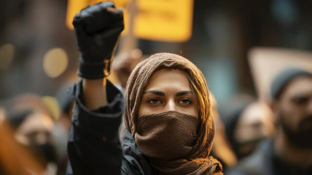 Woman in Hijab Protesting with Raised Fist in Urban Demonstration