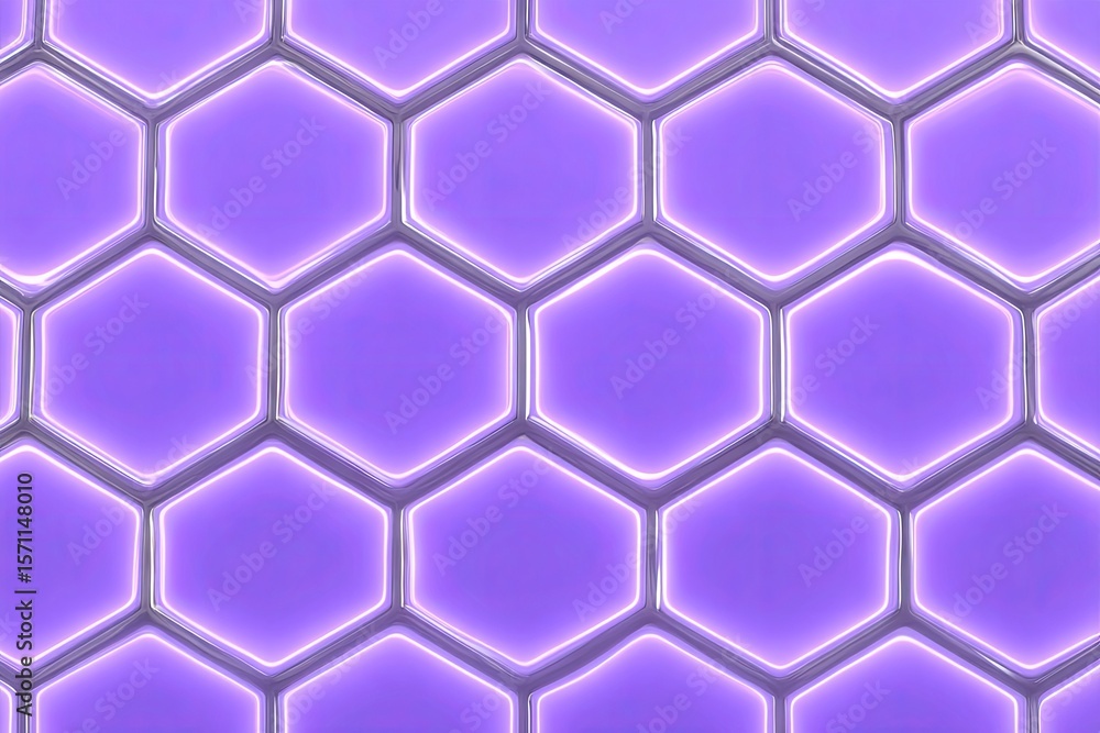 Poster purple glowing hexagons. a repeating pattern of illuminated hexagons