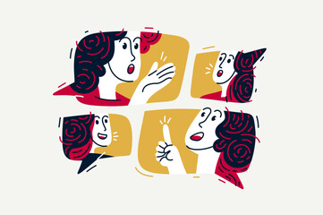 Team of young people having a discussion or brainstorm online, vector illustration of internet seminar webinar with a coach, or leader with team of employees having work communication.