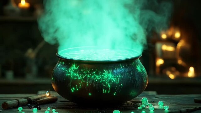 In a mystical forest under the glow of moonlight, a cauldron bubbles with a vibrant green potion. Wisps of steam swirl in the air, as enchanting sounds echo in the night, hinting at hidden magic.