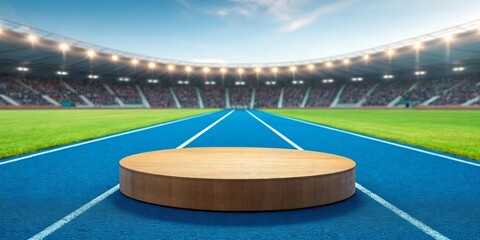 Empty wooden podium on blue running track in stadium with blurred crowd and lights