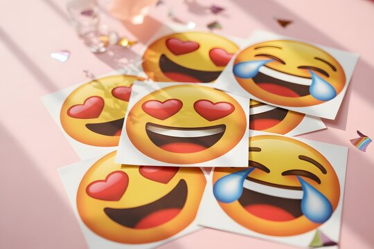 Joyful Emoji Stickers: Love, Laughter, and Tears; Pink Background, Bright, Cheerful Mood. - Powered by Adobe
