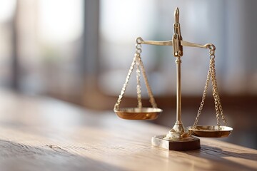 Symbol of justice featuring balanced scales on wooden surface, r