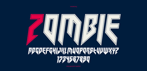 Sharp and bold vector display italic font for logo, gothic or heavy metal style modern typeface, edgy hard rock letters and numbers alphabet for titles or slogans, heavy typography.