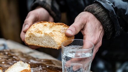 Hands holding bread and water