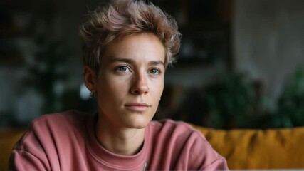 Thoughtful moment captured: contemplative expression in cozy indoor setting