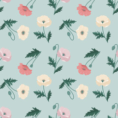 Poppies seamless vector pattern. Delicate multicolored poppies in flat style