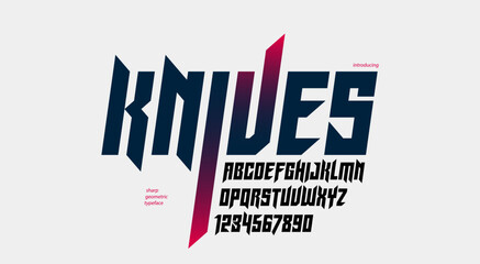 Sharp and bold gothic font for logo creation of for headlines, edgy geometric modern vector italic typeface, heavy metal and hard rock style alphabet with numbers. © Sylverarts