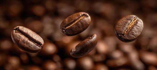 Fototapeta premium The floating coffee beans creating a captivating culinary still life scenario.