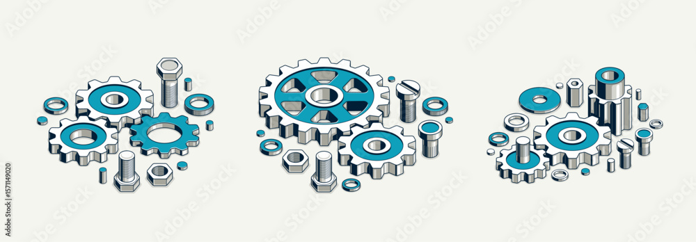 Poster mechanical engineering concept set, gears and cogs composition isometric 3d vector illustration, cog