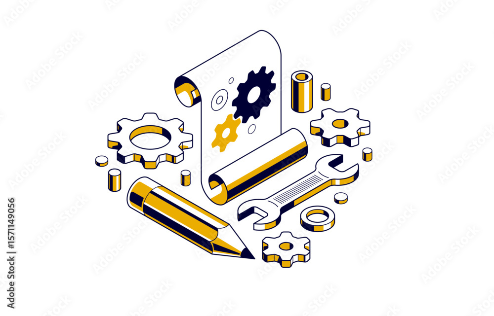 Poster mechanical engineering project in embodiment implementation concept, engine draft plan drawing and w