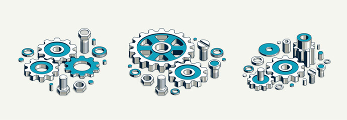 Mechanical engineering concept set, gears and cogs composition isometric 3D vector illustration, cogwheels system technology and technics machinery engine.