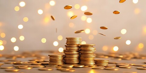 Golden coins falling and stacked in piles with soft bokeh lights in the background symbolizing wealth and success