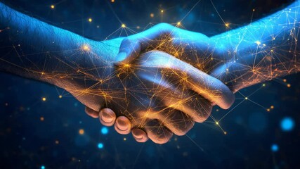 Two hands join in a powerful handshake, symbolizing collaboration and unity in a mesmerizing digital environment filled with luminous connections and intricate networks, highlighting innovation. - Powered by Adobe