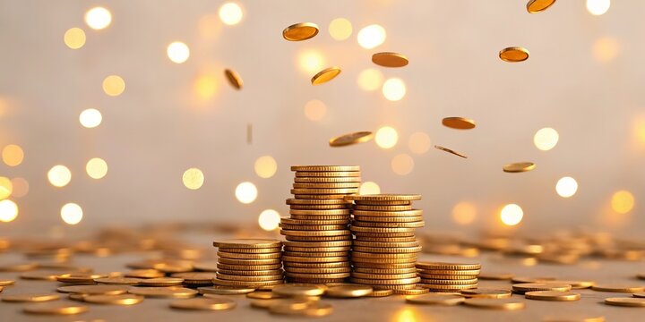 Golden coins falling and stacked in piles with soft bokeh lights in the background symbolizing wealth and success