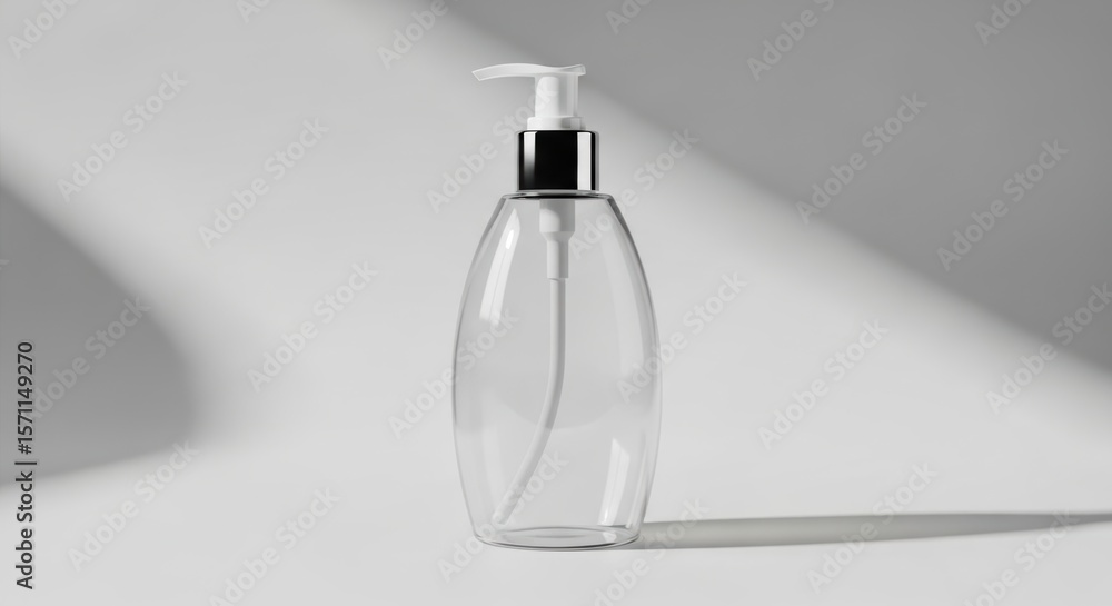 Poster Elegant and Minimalistic Transparent Pump Bottle Displayed on a Soft Grey Background With Light Shadows